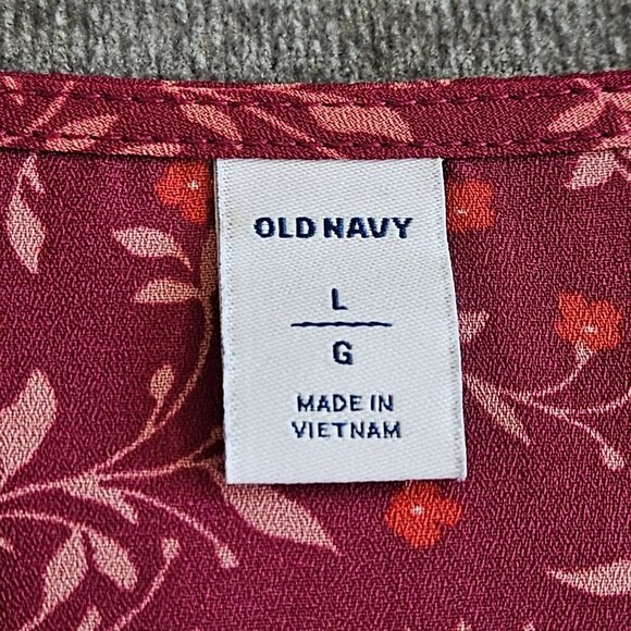 Old Navy Faux Wrap Dress Women L Wine LS Midi Lined Ruffles Dainty Floral Boho - Picture 3 of 16